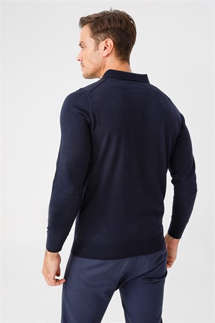 Мужской базовый трикотажный свитер с воротником поло Темно-синий