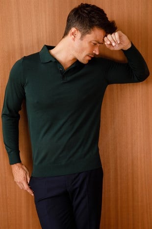 Мужской базовый трикотажный свитер с воротником поло Темно-зеленый