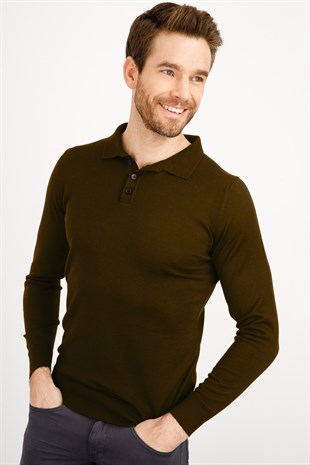 Мужской базовый трикотажный свитер с воротником поло Темно-коричневый