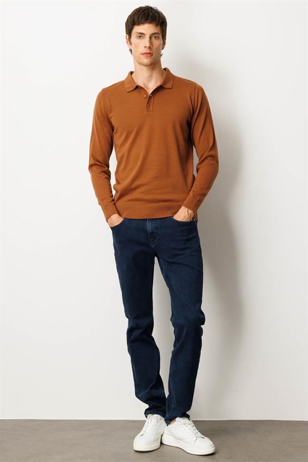 Erkek Basic Polo Yaka İnce Triko Kazak Taba