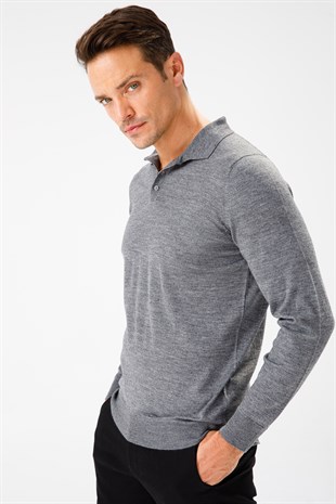 Мужской базовый трикотажный свитер с воротником-поло Пепельно-серый