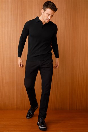 Мужской базовый трикотажный свитер с воротником поло Черный