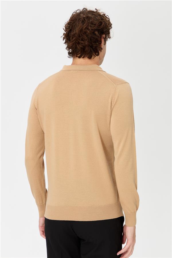 Мужской базовый трикотажный свитер с воротником-поло коричневый