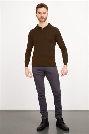 Мужской базовый трикотажный свитер с воротником поло Темно-коричневый