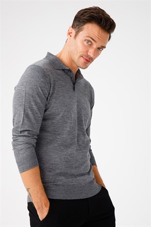 Мужской базовый трикотажный свитер с воротником-поло Пепельно-серый