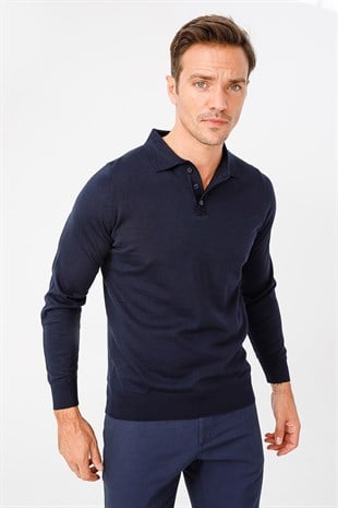 Мужской базовый трикотажный свитер с воротником поло Темно-синий
