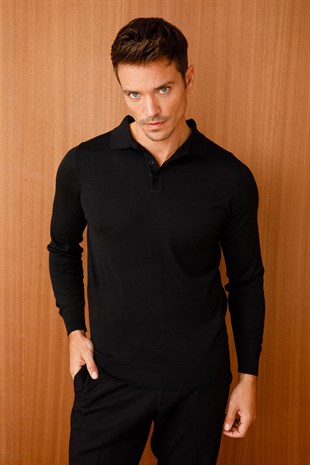 Мужской базовый трикотажный свитер с воротником поло Черный