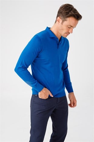 Мужской базовый трикотажный свитер с воротником-поло Синий