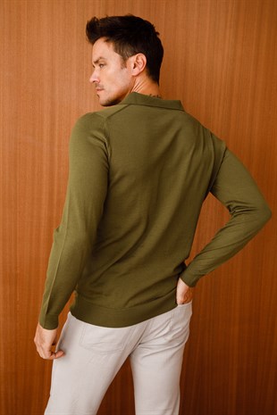 Erkek Basic Polo Yaka İnce Triko Kazak Haki