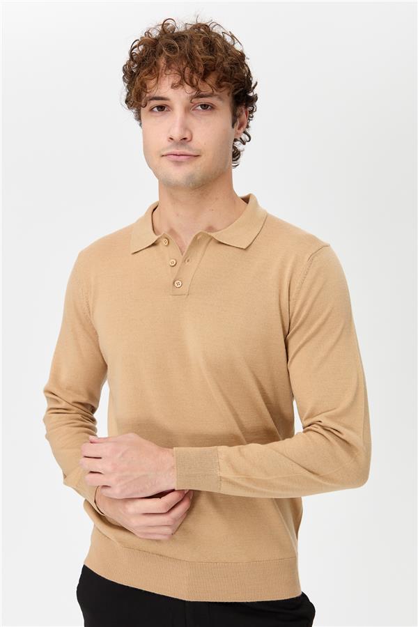 Мужской базовый трикотажный свитер с воротником-поло коричневый