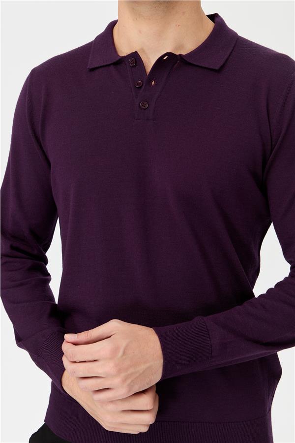 Мужской базовый трикотажный свитер с воротником-поло темно фиолетовый