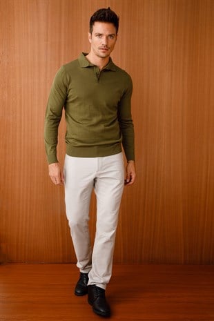 Erkek Basic Polo Yaka İnce Triko Kazak Haki