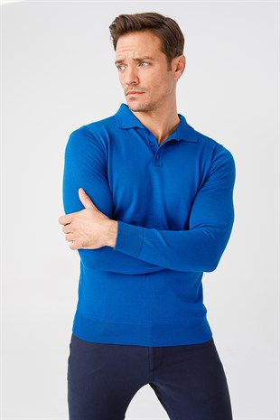 Мужской базовый трикотажный свитер с воротником-поло Синий