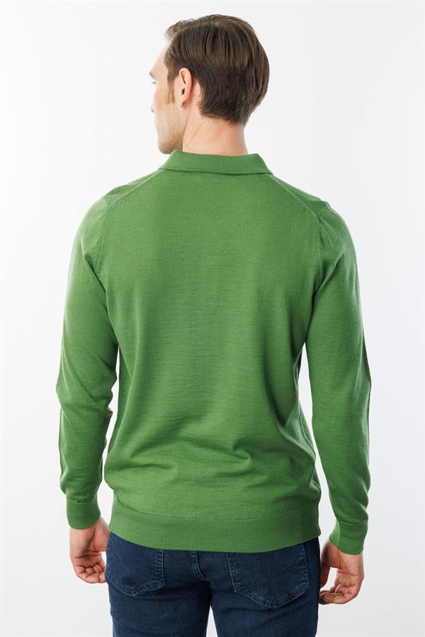 Erkek Basic Polo Yaka İnce Triko Kazak K.Yosun