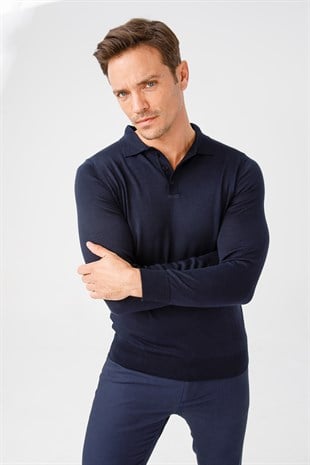 Мужской базовый трикотажный свитер с воротником поло Темно-синий