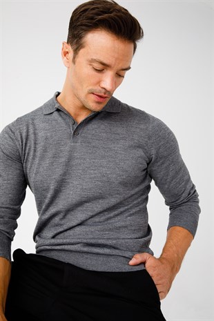 Мужской базовый трикотажный свитер с воротником-поло Пепельно-серый