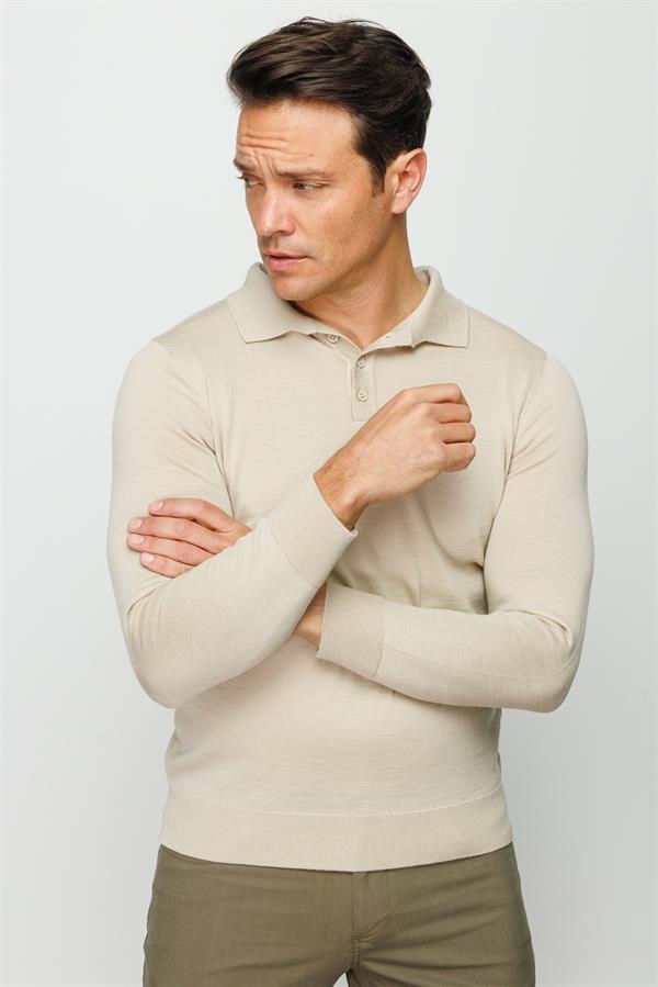 Мужской базовый трикотажный свитер с воротником поло Бежевый