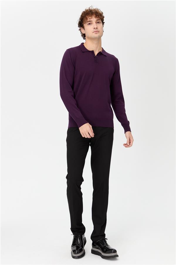 Мужской базовый трикотажный свитер с воротником-поло темно фиолетовый