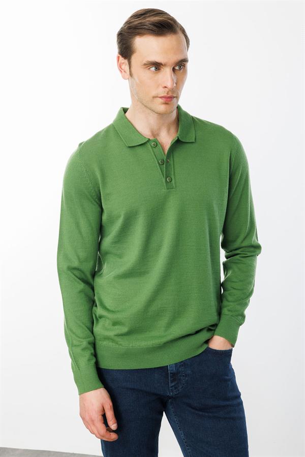 Erkek Basic Polo Yaka İnce Triko Kazak K.Yosun