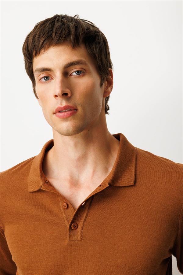 Erkek Basic Polo Yaka İnce Triko Kazak Taba