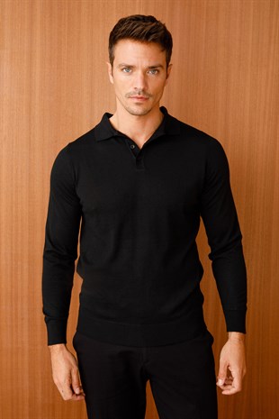 Мужской базовый трикотажный свитер с воротником поло Черный