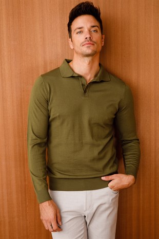 Erkek Basic Polo Yaka İnce Triko Kazak Haki