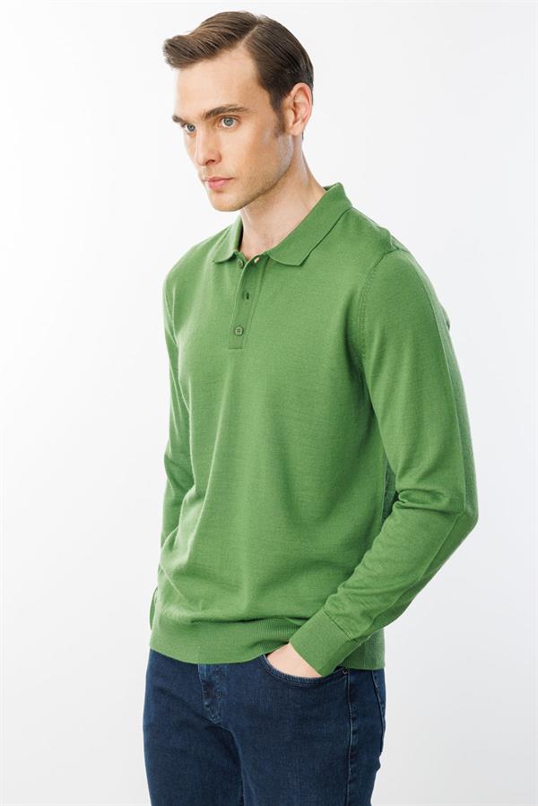 Erkek Basic Polo Yaka İnce Triko Kazak K.Yosun