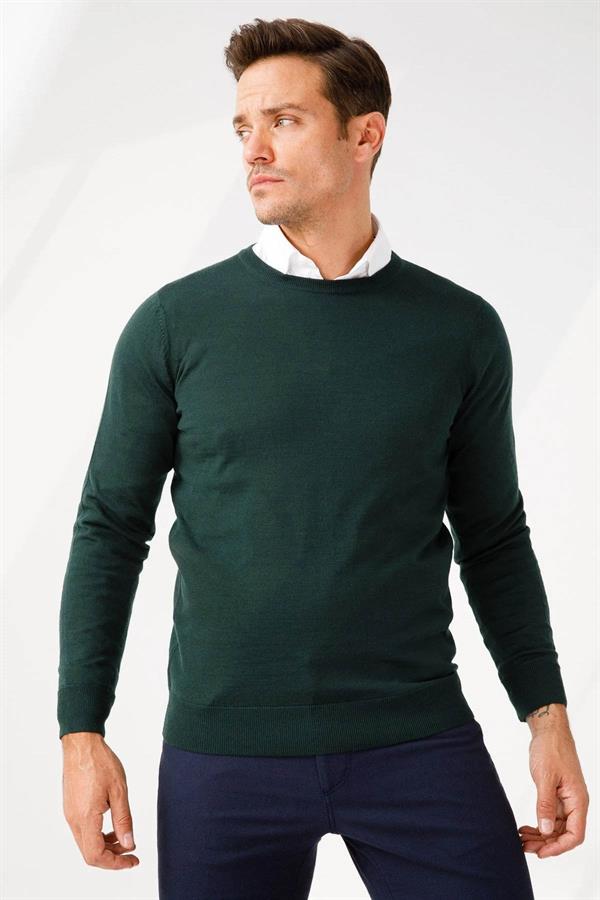Erkek Basic Sıfır Yaka İnce Triko Kazak Yeşil