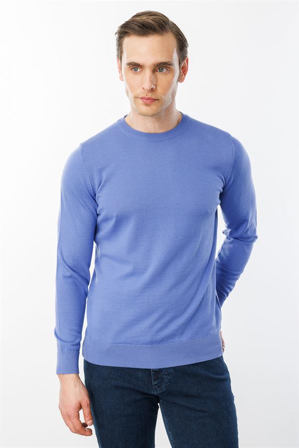 Erkek Basic Sıfır Yaka İnce Triko Kazak Eflatun