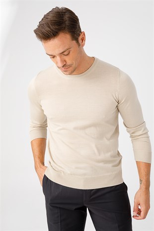 Мужской базовый свитер с круглым вырезом и трикотажем Бежевый