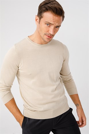Мужской базовый свитер с круглым вырезом и трикотажем Бежевый