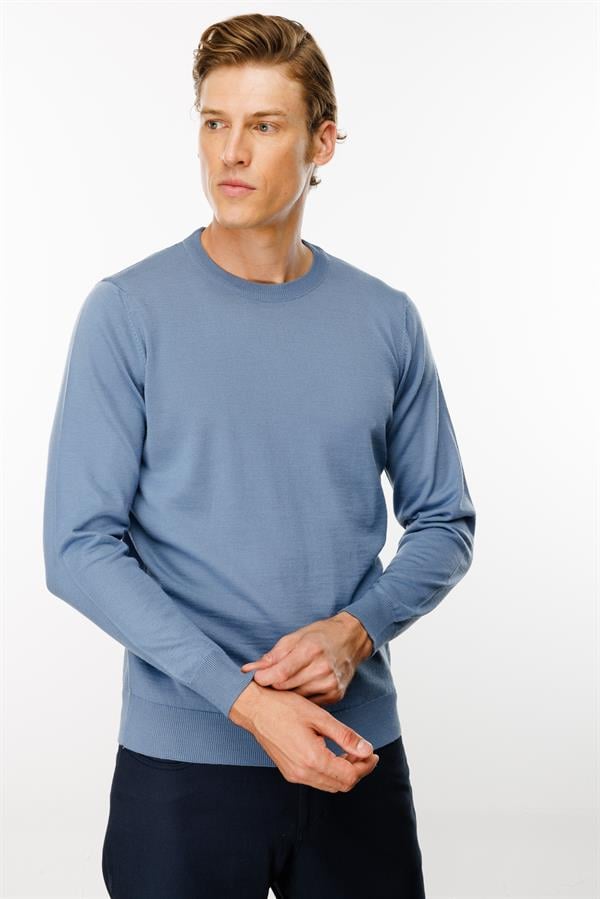 Erkek Basic Sıfır Yaka İnce Triko Kazak H.Mavi