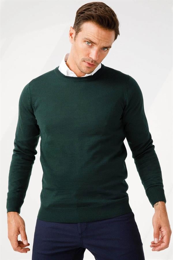 Erkek Basic Sıfır Yaka İnce Triko Kazak Yeşil