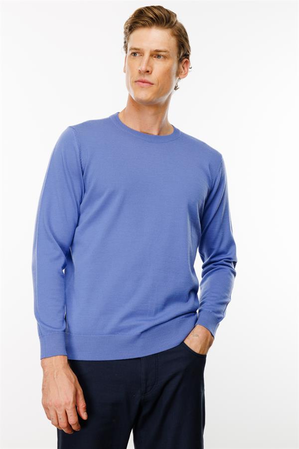 Erkek Basic Sıfır Yaka İnce Triko Kazak Eflatun