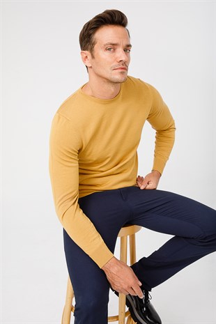 Мужской базовый свитер с круглым вырезом и трикотажем Пепельный верблюжий