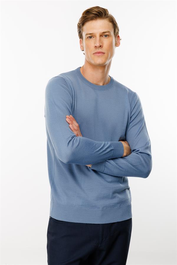 Erkek Basic Sıfır Yaka İnce Triko Kazak H.Mavi