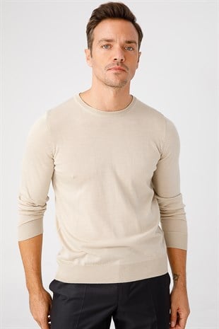 Мужской базовый свитер с круглым вырезом и трикотажем Бежевый