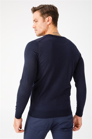 Муж. Классический с круглым вырезом Трикотаж Свитер Темно-синий