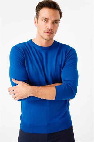 Мужской базовый свитер с круглым вырезом и трикотажем Синий
