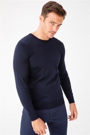Муж. Классический с круглым вырезом Трикотаж Свитер Темно-синий