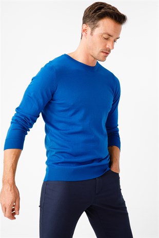Мужской базовый свитер с круглым вырезом и трикотажем Синий