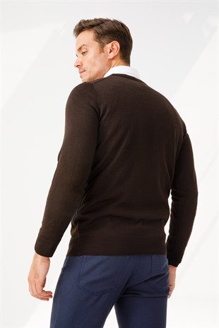 Муж. Классический свитер с круглым вырезом Трикотаж Темно-коричневый