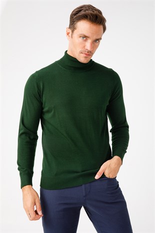 Мужской Базовый Свитер с круглым вырезом Темно-зеленого цвета