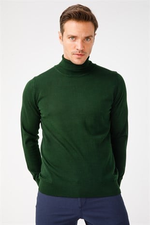 Мужской Базовый Свитер с круглым вырезом Темно-зеленого цвета