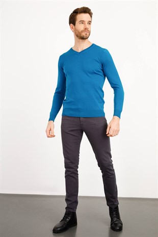 Мужской базовый трикотажный свитер с V-образным вырезом Пепельный бирюзовый