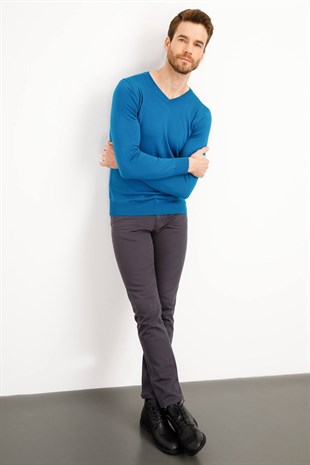 Мужской базовый трикотажный свитер с V-образным вырезом Пепельный бирюзовый