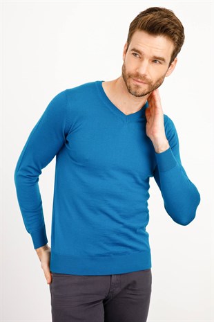 Мужской базовый трикотажный свитер с V-образным вырезом Пепельный бирюзовый
