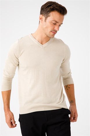 Мужской базовый трикотажный свитер с v-образным вырезом Бежевый