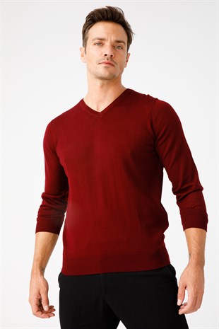 Мужской базовый трикотажный свитер с V-образным вырезом цвет сливы