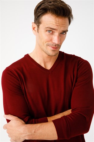 Мужской базовый трикотажный свитер с V-образным вырезом цвет сливы